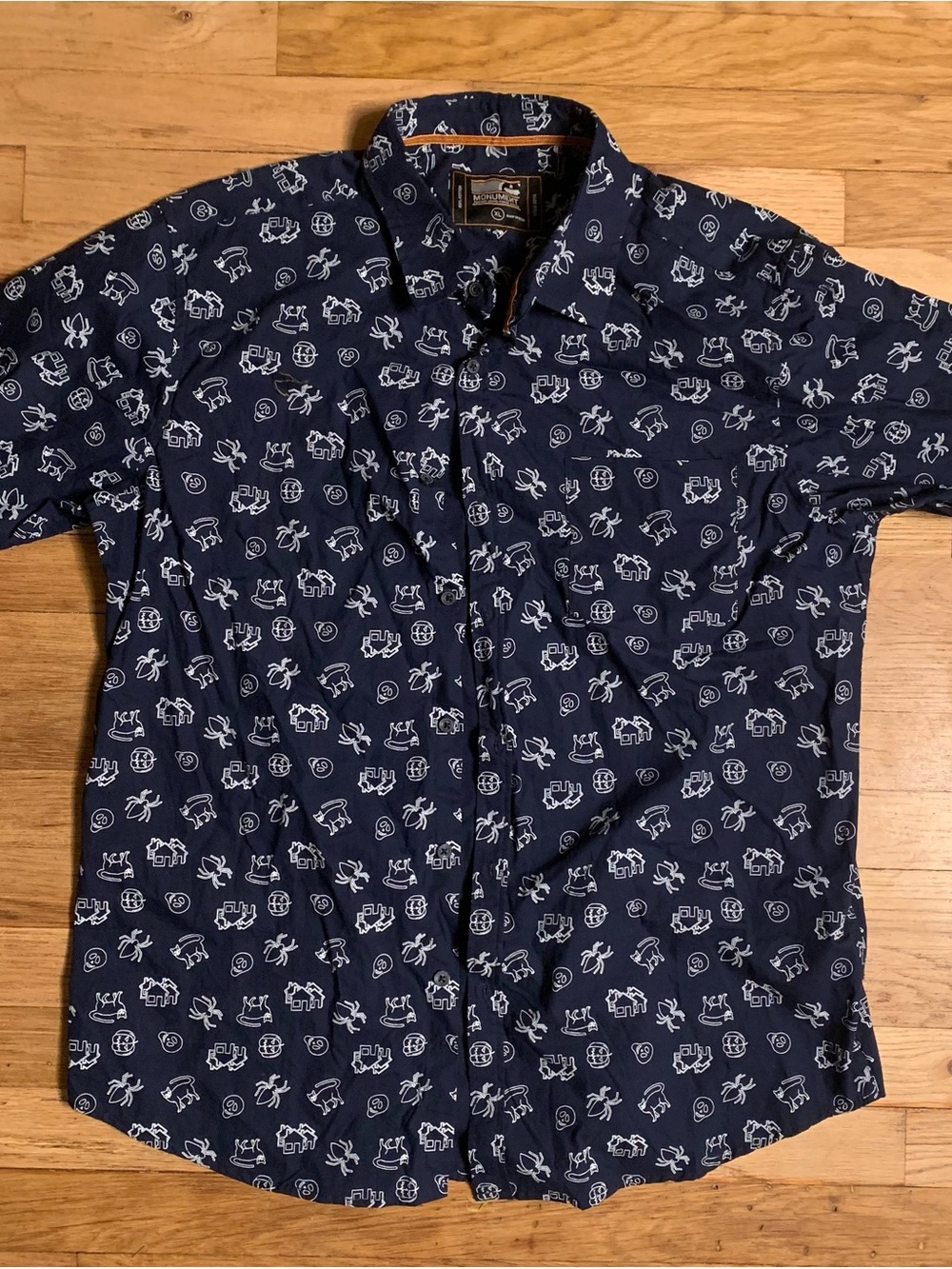 Navy Printed Short-Sleeve Casual Button-Down Shirt